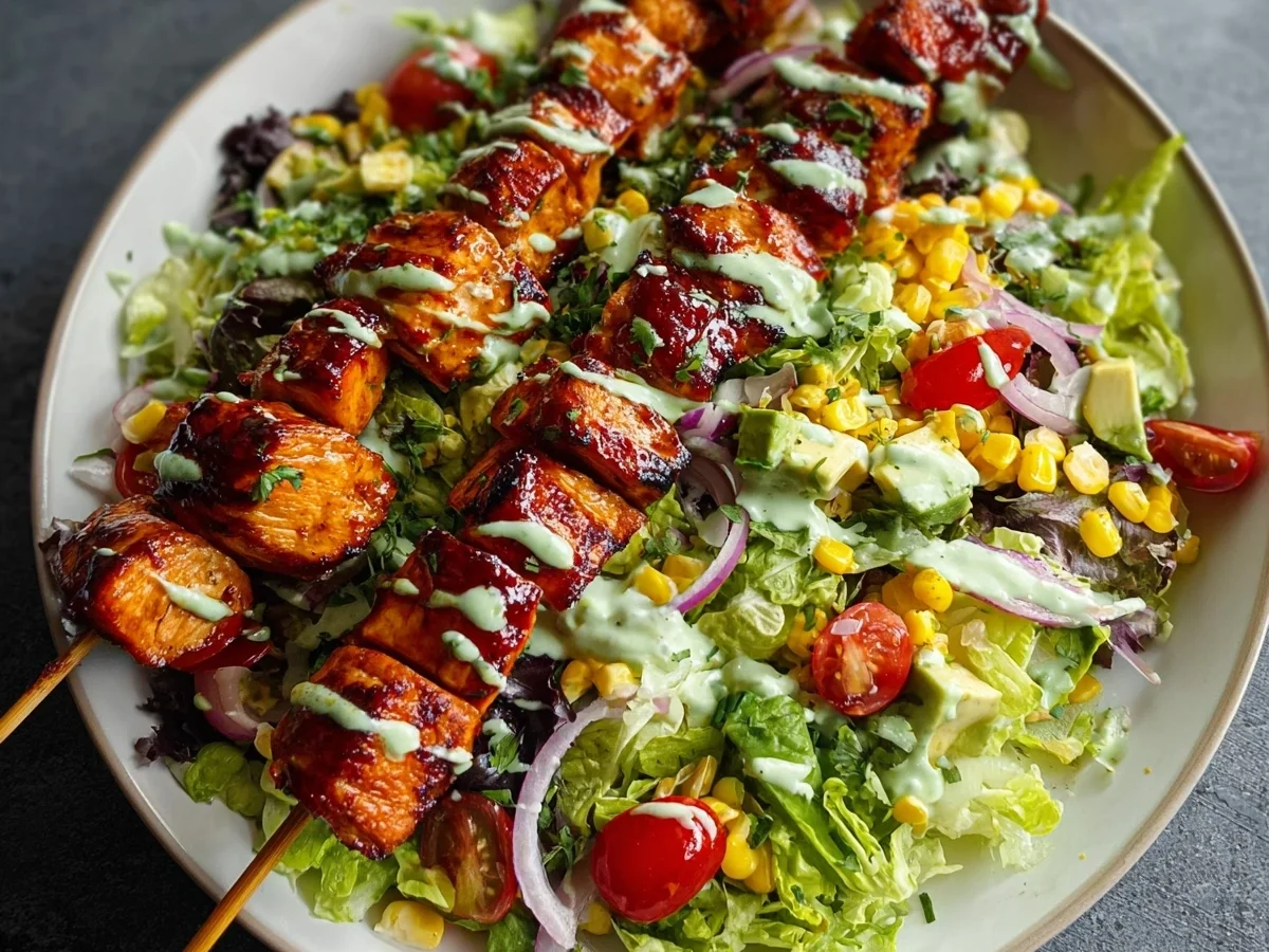 BBQ Chicken Skewer Salad with Creamy Avocado Dressing - Image 1