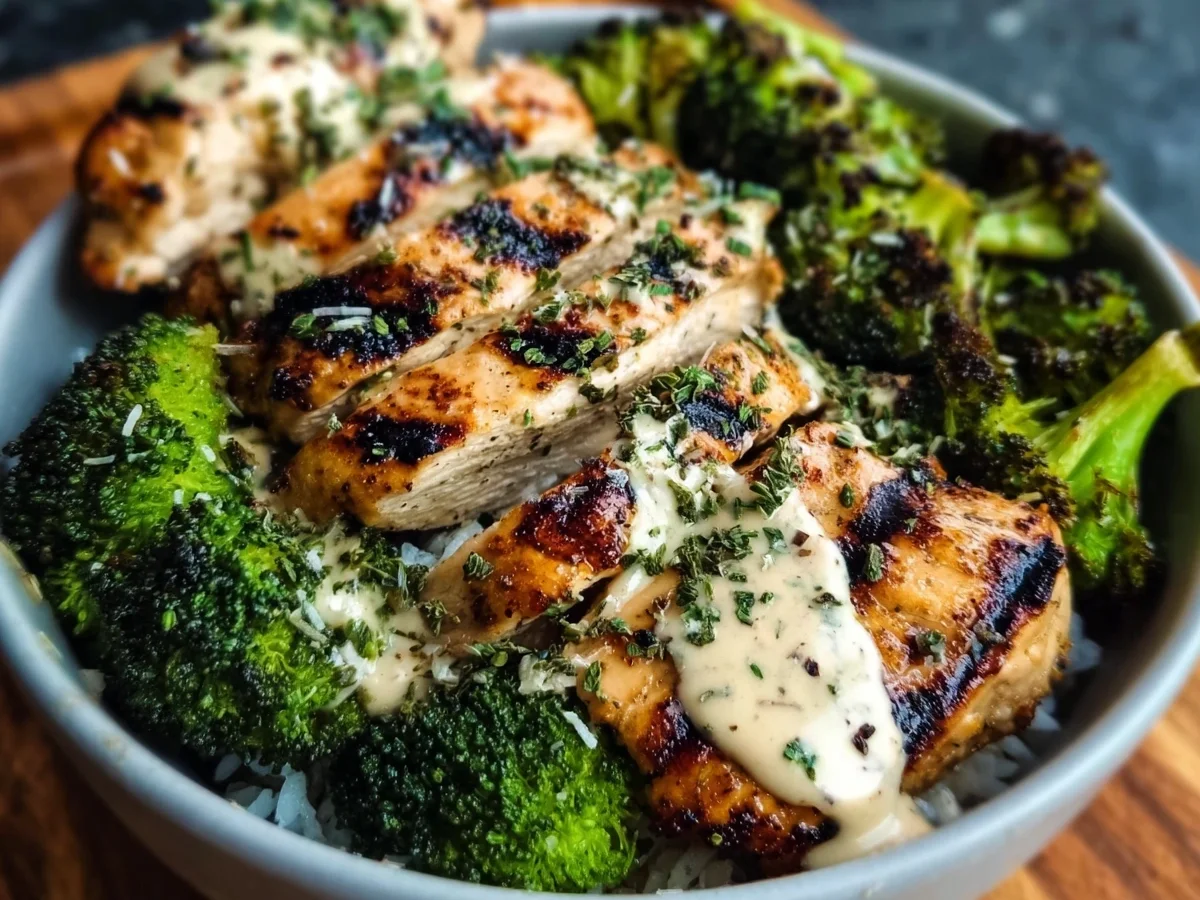 Grilled Chicken Broccoli Bowls with Creamy Garlic Sauce - Image 1