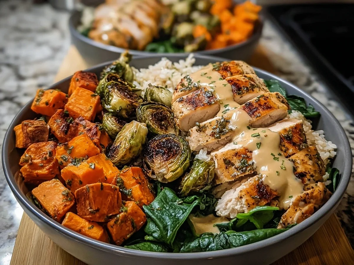 High Protein Maple Dijon Chicken Sweet Potato Bowls - Image 1