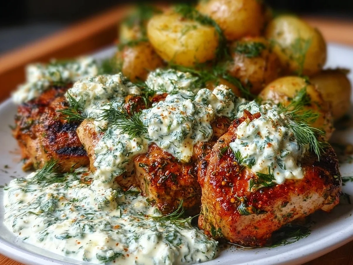 Spicy Yogurt Chicken Thighs with Dill Feta Cream - Image 1