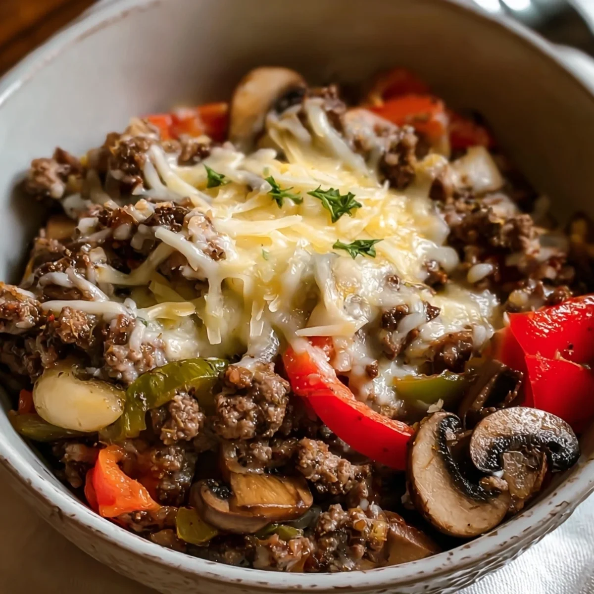 30-Minute Ground Beef Philly Cheesesteak Bowl