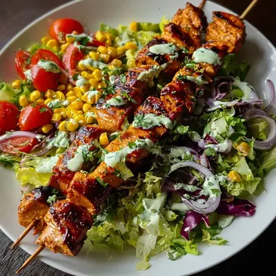 BBQ Chicken Skewer Salad with Creamy Avocado Dressing