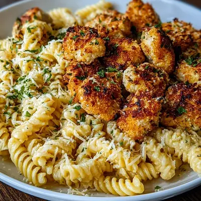 Crispy Garlic Parmesan Chicken & Creamy Rotini Pasta