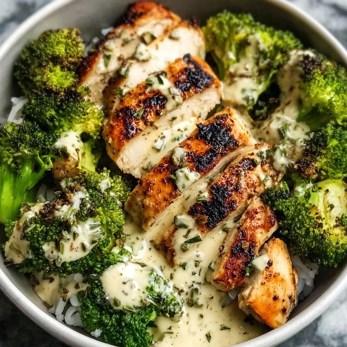 Grilled Chicken Broccoli Bowls with Creamy Garlic Sauce