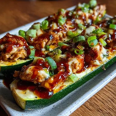 Healthy Sticky BBQ Chicken Zucchini Boats