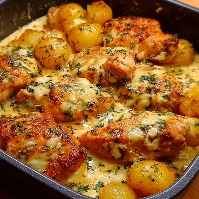 High-Protein Cheesy Garlic Chicken & Potatoes Bake
