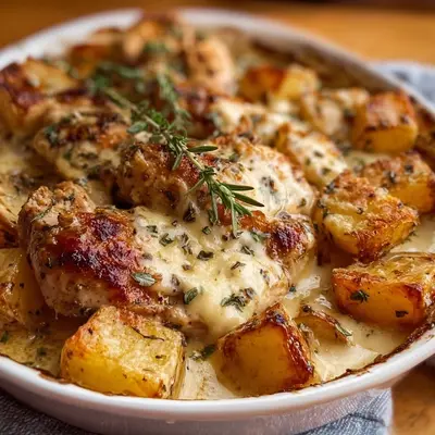 High Protein Creamy Garlic Cheesy Chicken & Potatoes
