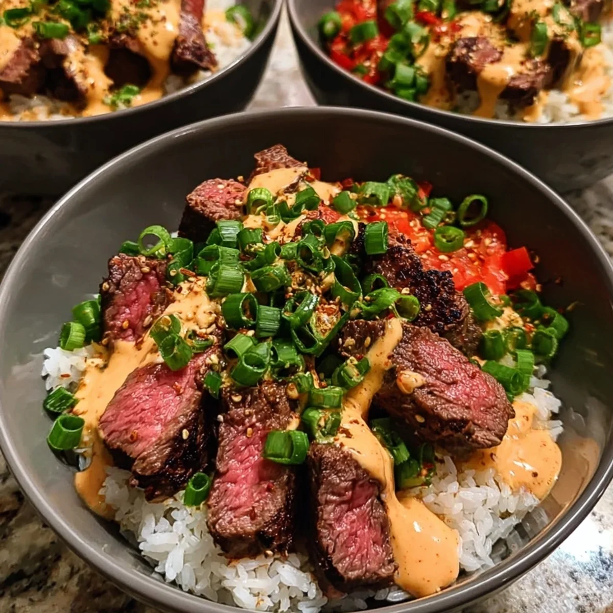 Korean BBQ Steak Rice Bowls with Spicy Cream Sauce