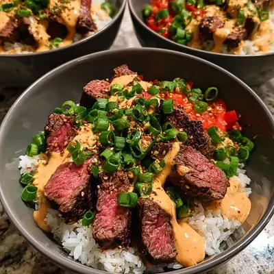 Korean BBQ Steak Rice Bowls with Spicy Cream Sauce