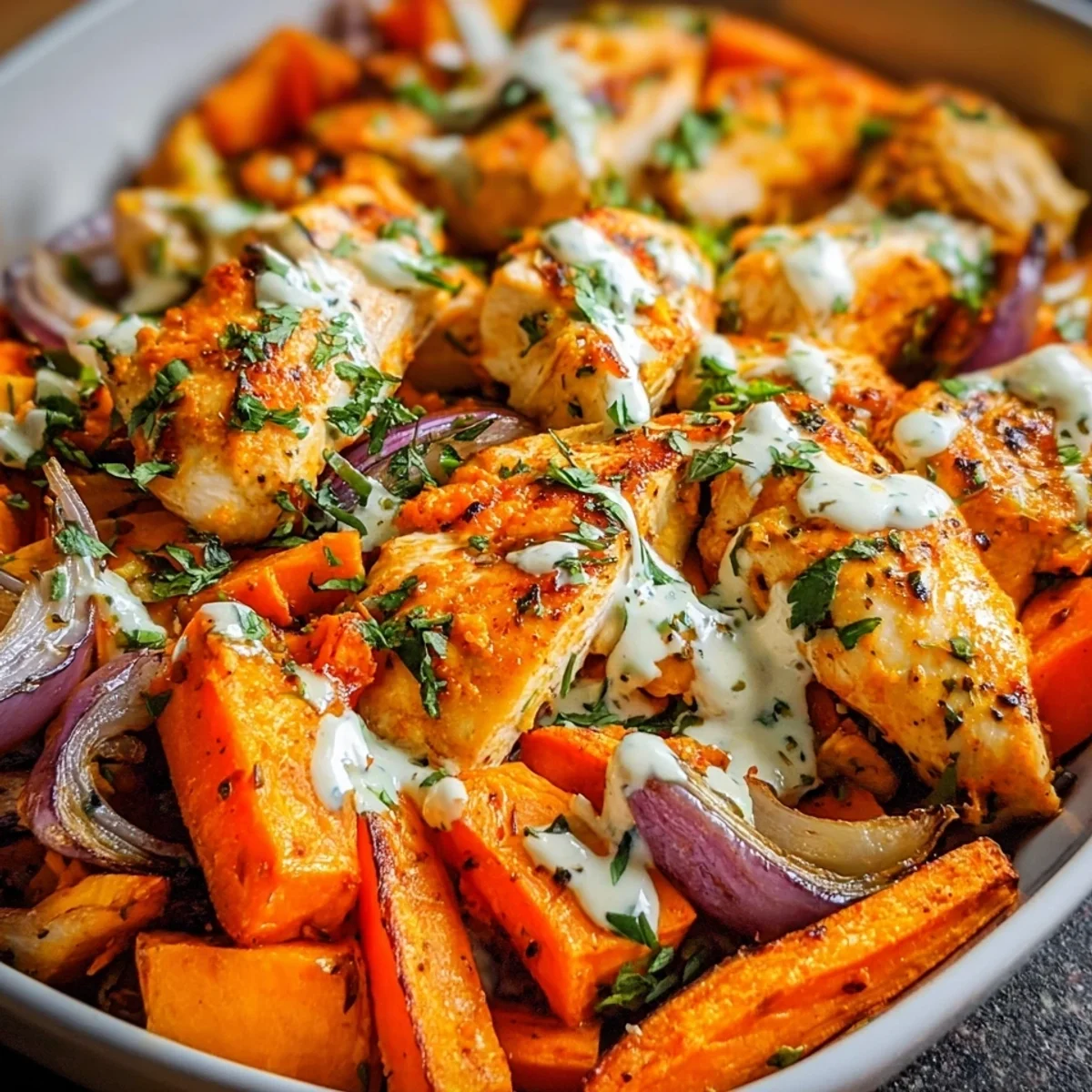 Sheet Pan Buffalo Chicken & Sweet Potato Bowls