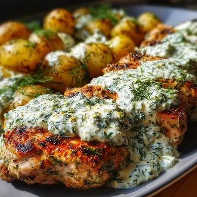 Spicy Yogurt Chicken Thighs with Dill Feta Cream
