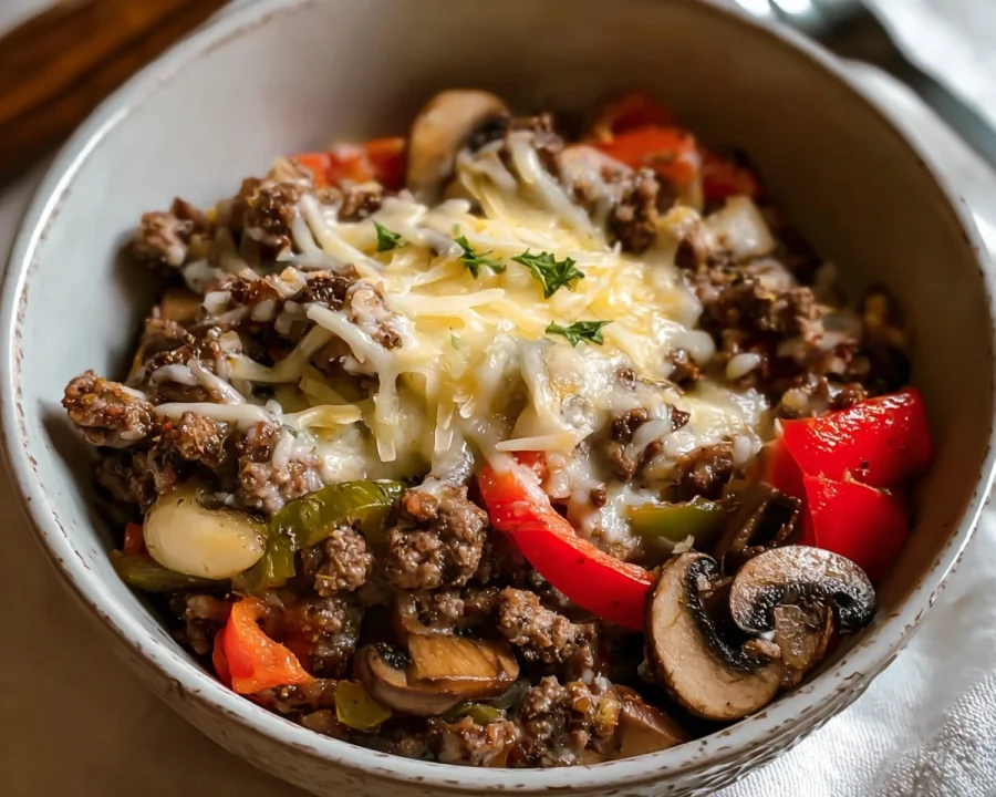 30-Minute Ground Beef Philly Cheesesteak Bowl
