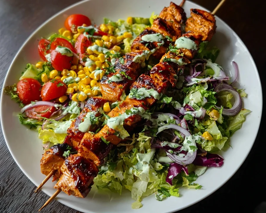 BBQ Chicken Skewer Salad with Creamy Avocado Dressing
