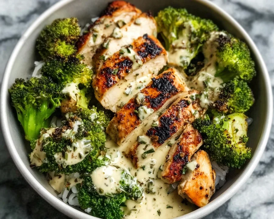 Grilled Chicken Broccoli Bowls with Creamy Garlic Sauce