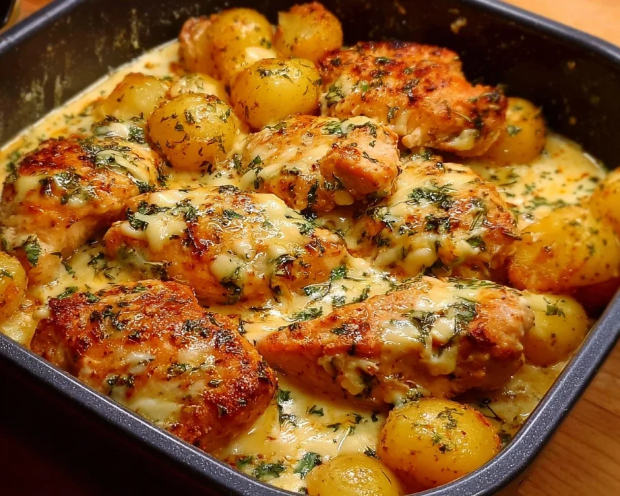 High-Protein Cheesy Garlic Chicken & Potatoes Bake