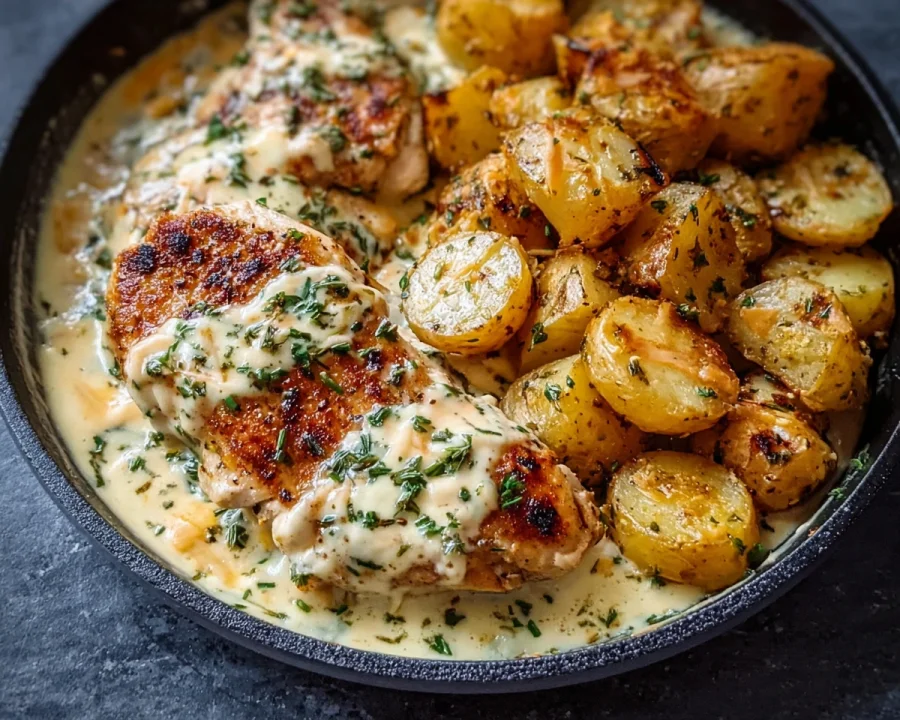 High Protein Creamy Garlic Cheesy Chicken & Potatoes