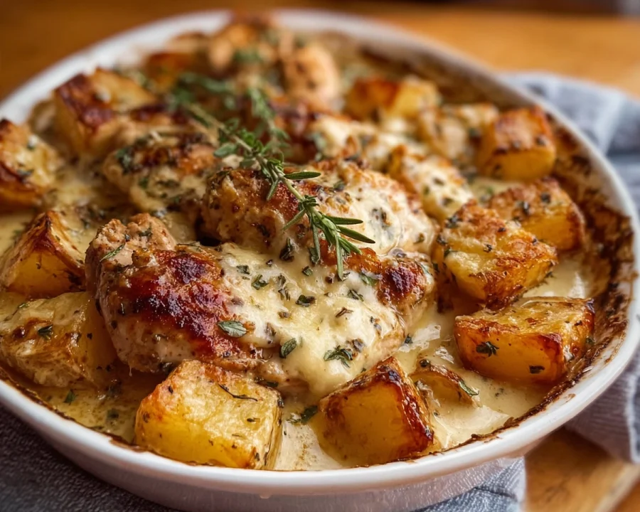 High Protein Creamy Garlic Cheesy Chicken & Potatoes