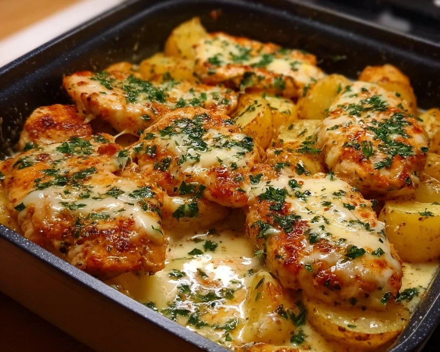 High-Protein Creamy Garlic Cheesy Chicken & Potatoes