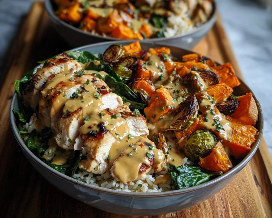 High Protein Maple Dijon Chicken Sweet Potato Bowls