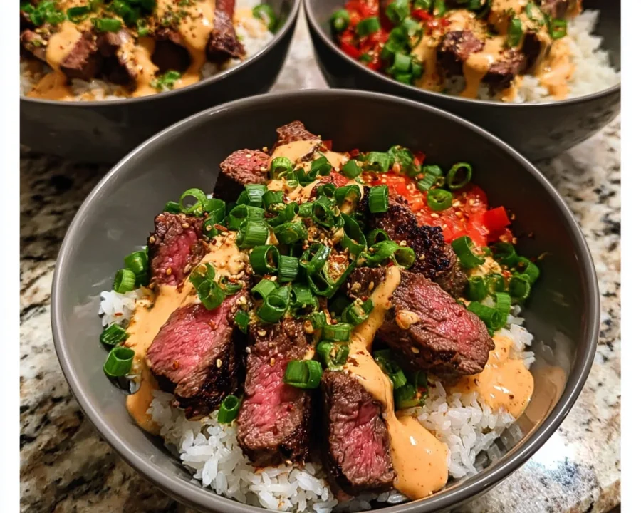 Korean BBQ Steak Rice Bowls with Spicy Cream Sauce