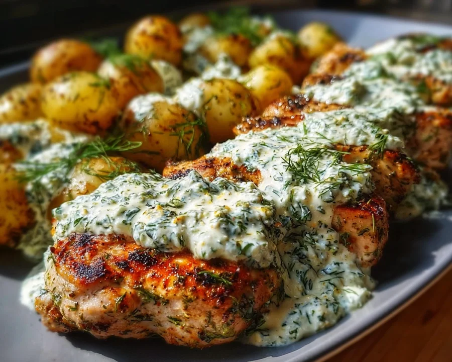 Spicy Yogurt Chicken Thighs with Dill Feta Cream