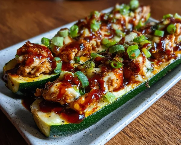 Healthy Sticky BBQ Chicken Zucchini Boats