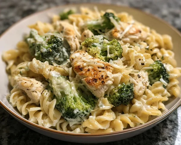 High Protein Creamy Chicken Broccoli Pasta Dinner